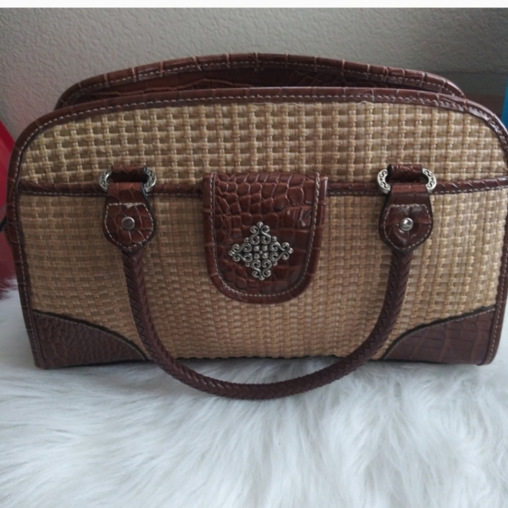 Natural Straw and Brown Leather Crock Purse